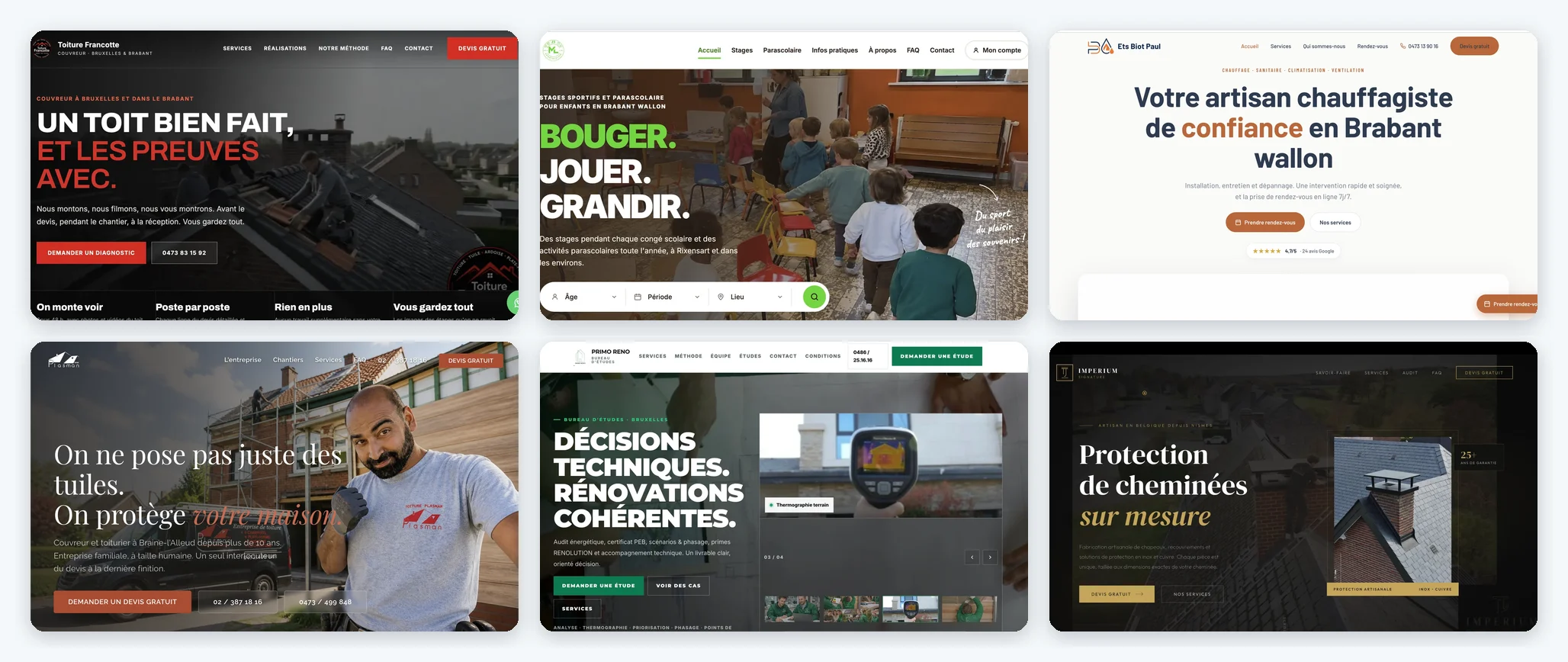 Sites réalisés par Anima Agency : Toiture Francotte, ML Sport, Ets Biot Paul, Toiture Plasman, Primo Reno et Imperium Signature